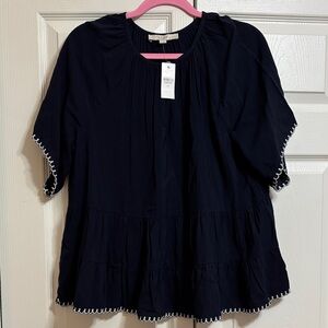 LOFT Navy Blouse with White Trim